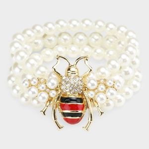 Crystal HoneyBee Stretch Gold Cream Pearl Bracelet Fashion Statement Jewelry